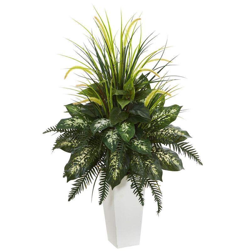 Hivvago Mixed River Fern and Dogtail Artificial Plant in White Tower Planter