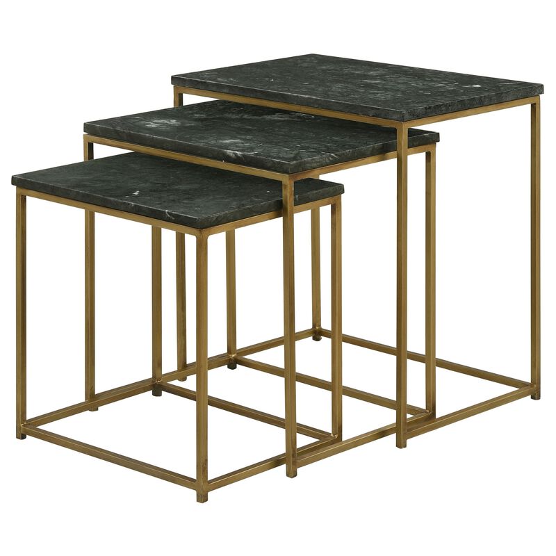 Agi 3 Piece Nesting Side Table Set, Green Square Marble, Gold Metal Frame - Benzara