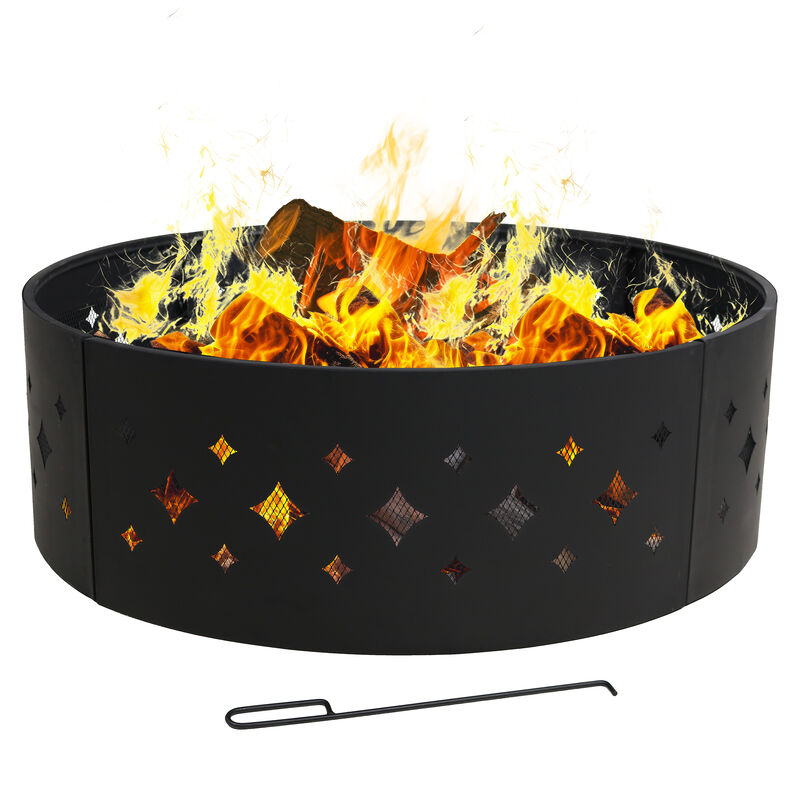 Sunnydaze 36 in Diamond Cut-Out Steel Wood Burning Fire Pit Ring with Poker