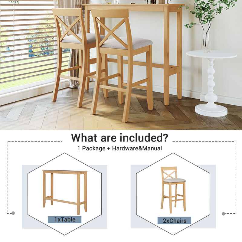 Merax Rectangular Wood Bar Height Dining Set Kitchen Breakfast Nook with 2 Chairs for Small Places