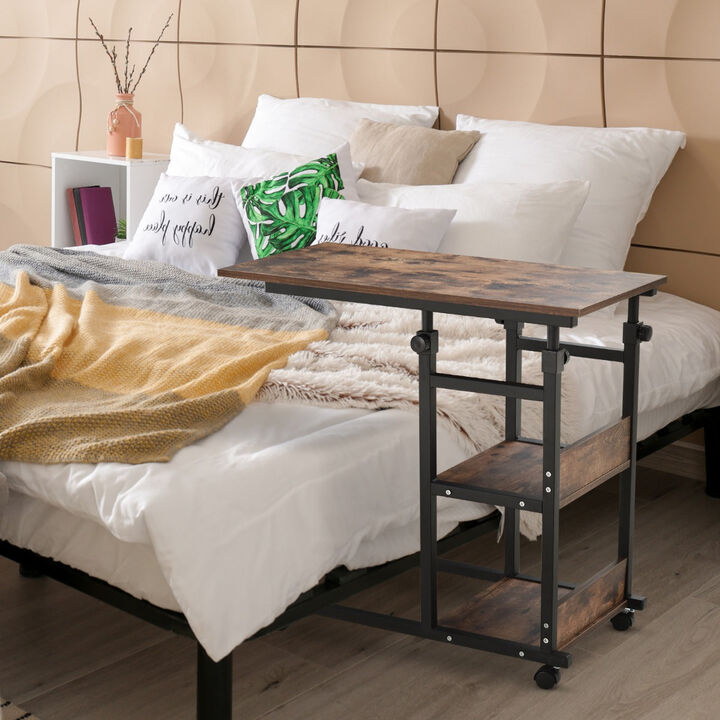 Industrial Style C-Shaped Mobile Sofa Bed Side Table Adjust Height 3-Tier Nightstand Home Cart w/ Casters Brake