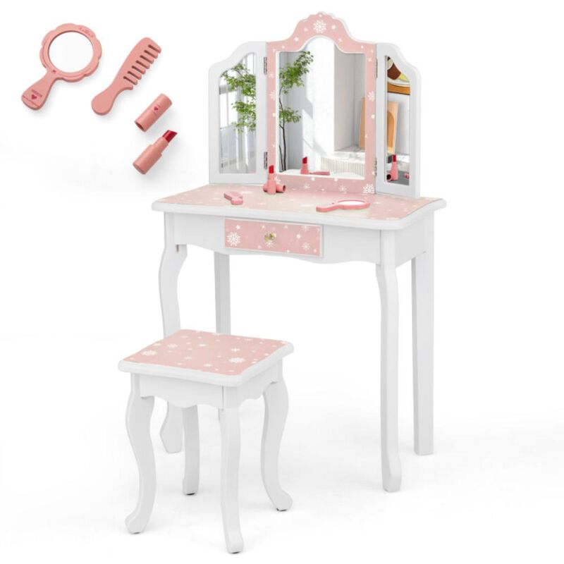 Hivvago Princess Pretend Play Makeup Table and Stool Set with Tri-folding Mirror