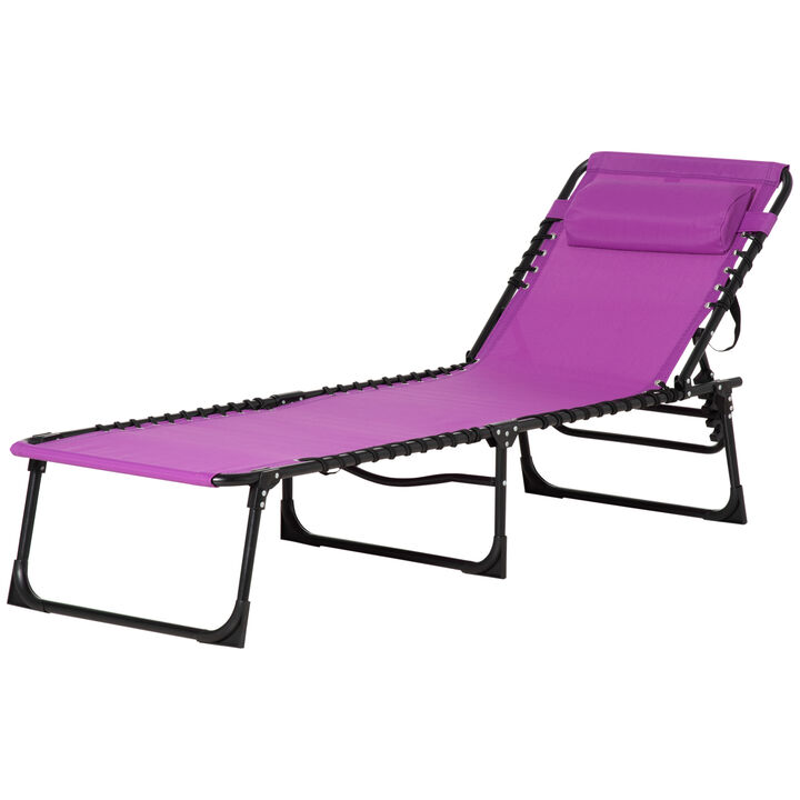 Outsunny Folding Chaise Lounge Pool Chair, Patio Sun Tanning Chair, Outdoor Lounge Chair w/ 4-Position Reclining Back, Pillow, Breathable Mesh & Bungee Seat for Beach, Yard, Patio, Purple