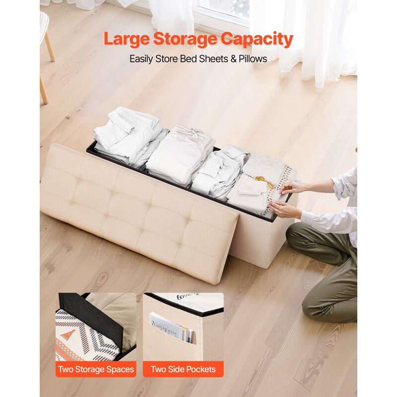 Upholstered Storage Ottoman Bench with Folding Design and Side Bags image number 7
