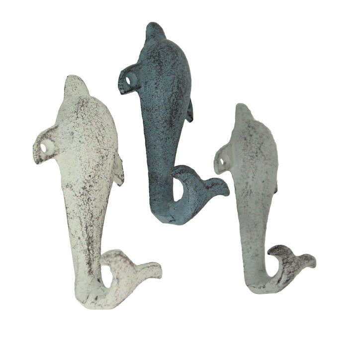 Set of 3 Vibrant Cast Iron Dolphin Shaped Wall Hooks for Coastal Charm and Organization in Your Home - Decorative Colorful Ocean D&eacute;cor Hooks - 5 Inches High