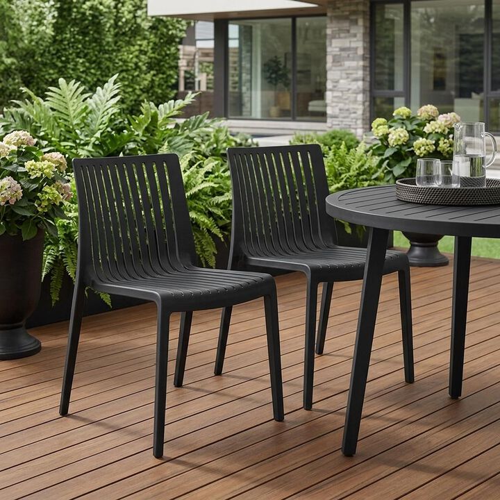 HomeRoots Set of Two Black Heavy Duty Plastic Outdoor Stacking Accent Chairs