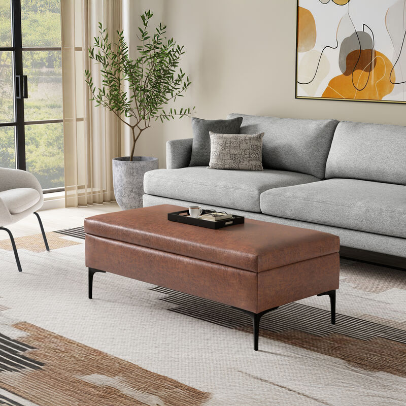 Rebecca 48 inch Wide Mid Century Modern Rectangle Large Coffee Table&nbsp;Storage Ottoman with Lift up Lid in Distressed Saddle Brown Faux Leather, Assembled image number 2