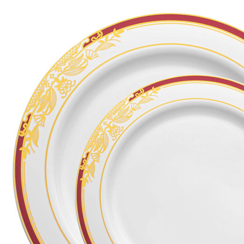 White with Burgundy and Gold Harmony Rim Plastic Dinnerware Value Set (40 Sets) image number 9