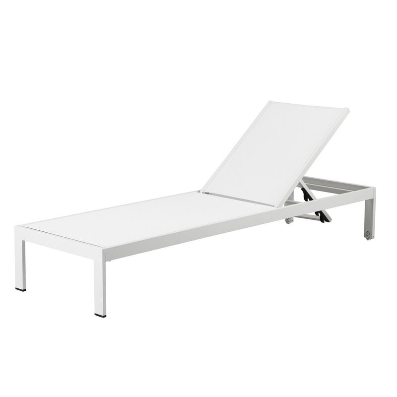 Edie 76 Inch Outdoor Adjustable Chaise Lounger, Metal, White Textilene-Benzara image number 1