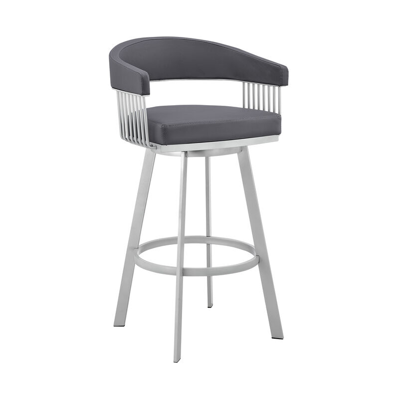 Oliver 26 Inch Modern Counter Stool, Faux Leather, Swivel, Gray, Silver - Benzara