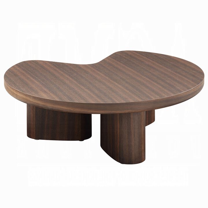 Yex Coffee Table, 35 Inch Curved Top with Pedestal Legs, Smoked Oak Brown