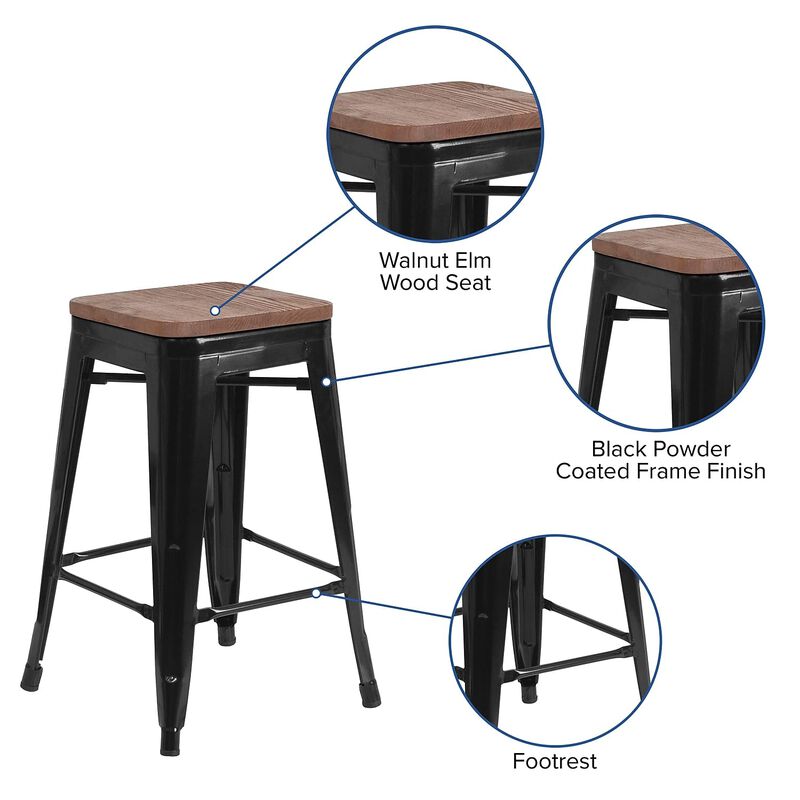 Flash Furniture Lily 24" High Backless Black Metal Counter Height Stool with Square Wood Seat
