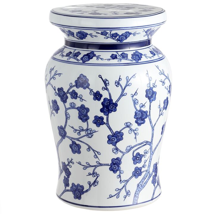 Cherry Blossom 17.7" Ceramic Garden Stool, White/Blue