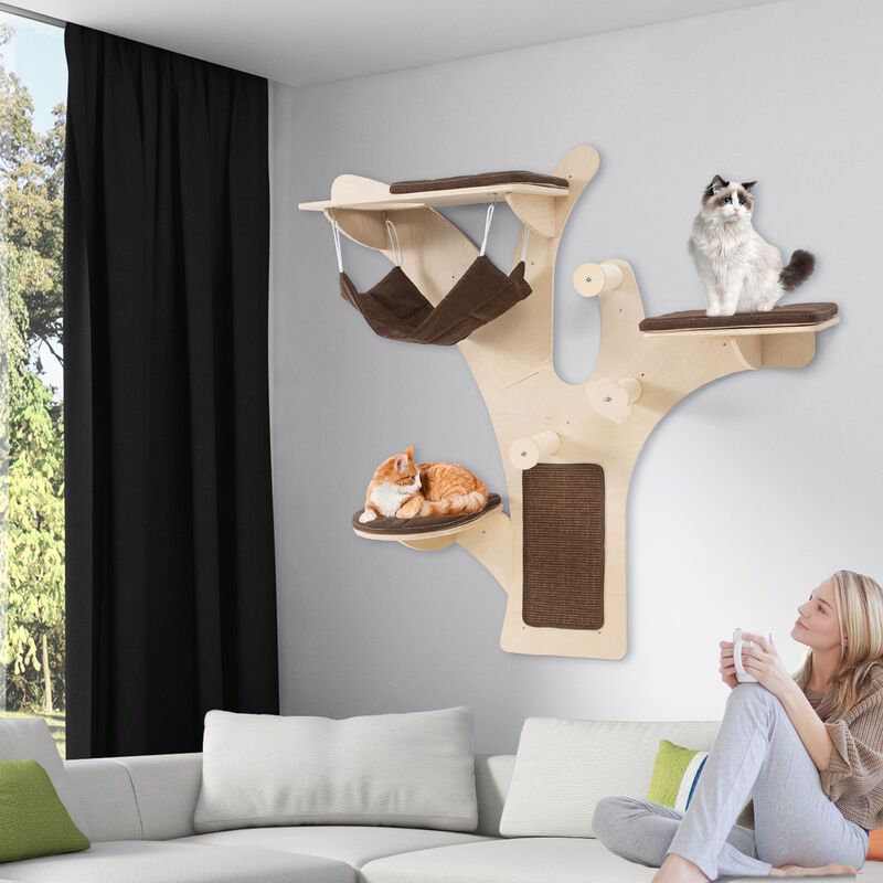 Cat Wall Shelves Furniture with Perch Wall Mounted Cat Tower-Brown image number 4