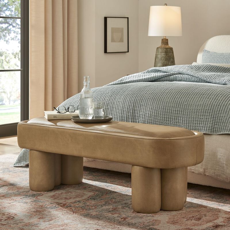 Modway Mossi 52-Inch Modern Oval Vegan Leather Bench in Mushroom &ndash; Upholstered Accent Bench with Cylindrical Clover-Leg Base for Bedroom, Entryway, or Living Room image number 1