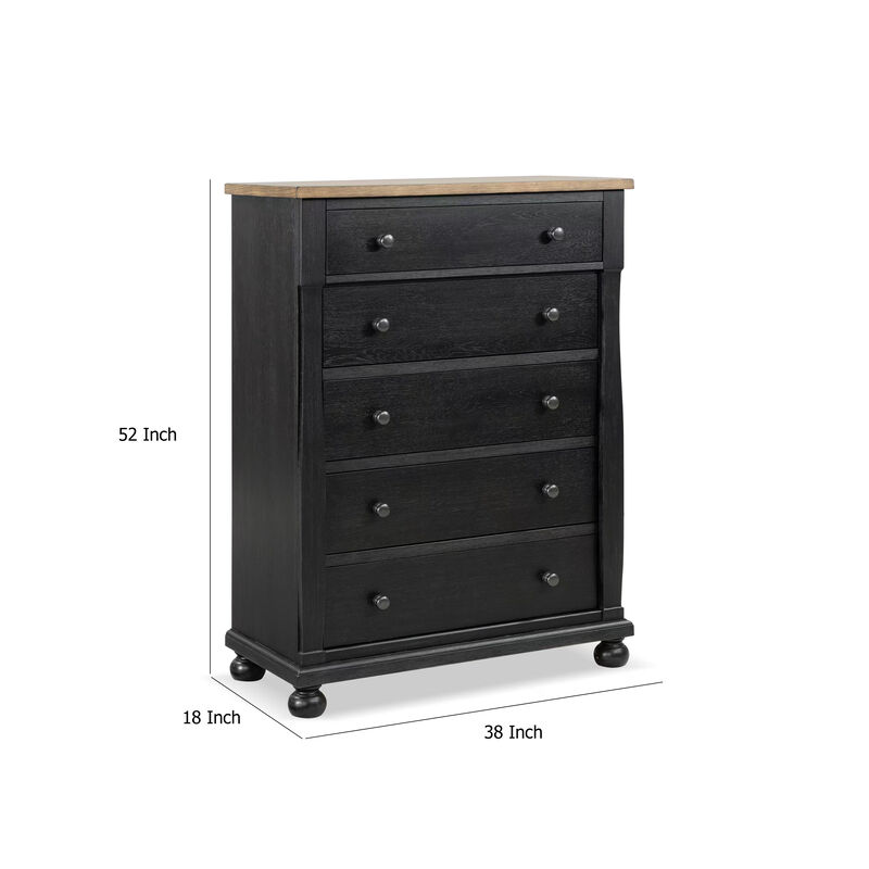 Ginie Tall Dresser Chest, 5 Drawers and Farmhouse Legs, Black Brown