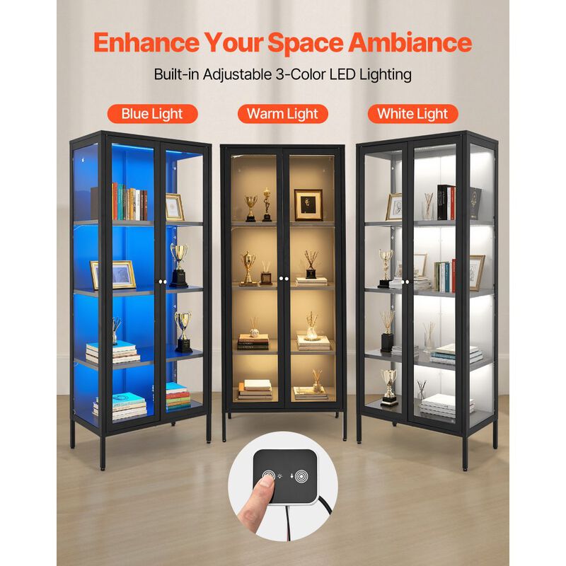 4-Tier Glass Door Display Cabinet with 3 Adjustable Shelves and LED Lighting for Home Display-Black image number 6
