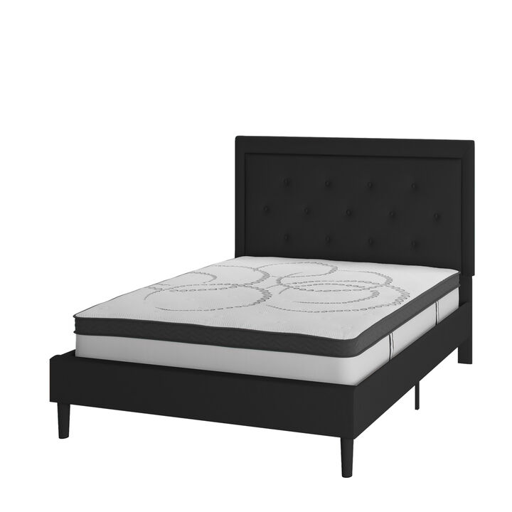 Roxbury Full Size Tufted Upholstered Platform Bed in Black Fabric with 10 Inch CertiPUR-US Certified Pocket Spring Mattress