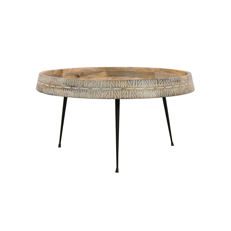 Gia 29 Inch Modern Handcrafted Round Coffee Table, Natural Brown Wood Top with Carved Edge, Black Iron Legs image number 6