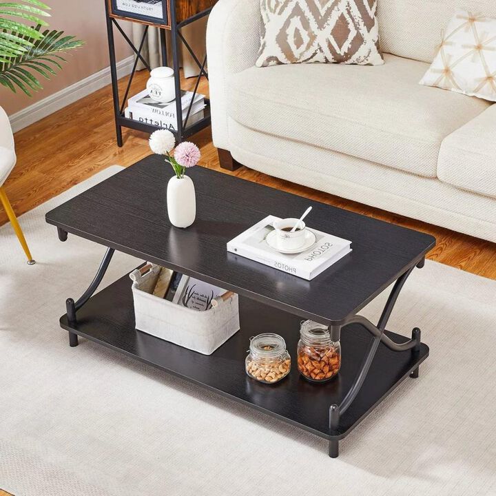 Hivvago Modern Industrial Black Metal Wood Coffee Table with Bottom Storage Shelf
