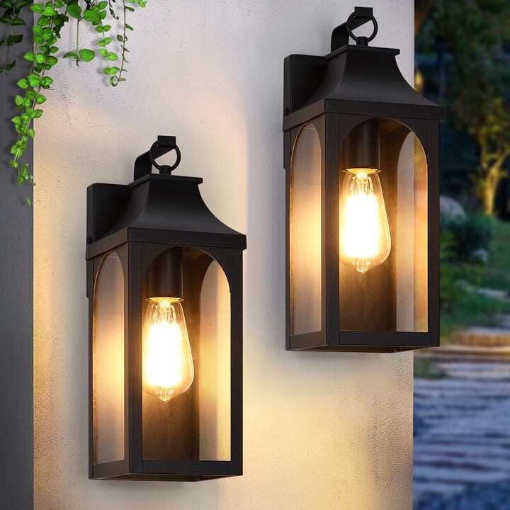 14 in. 1-Light Black Outdoor Wall Lantern with Clear Glass Shade (Set of 2)