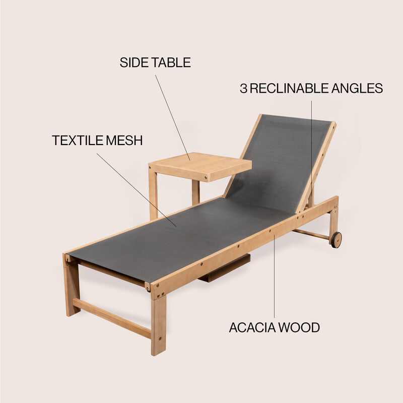 Trabuco Coastal Modern Acacia Wood Mesh 3-Position Outdoor foldable Chaise Lounge Set with Side Table