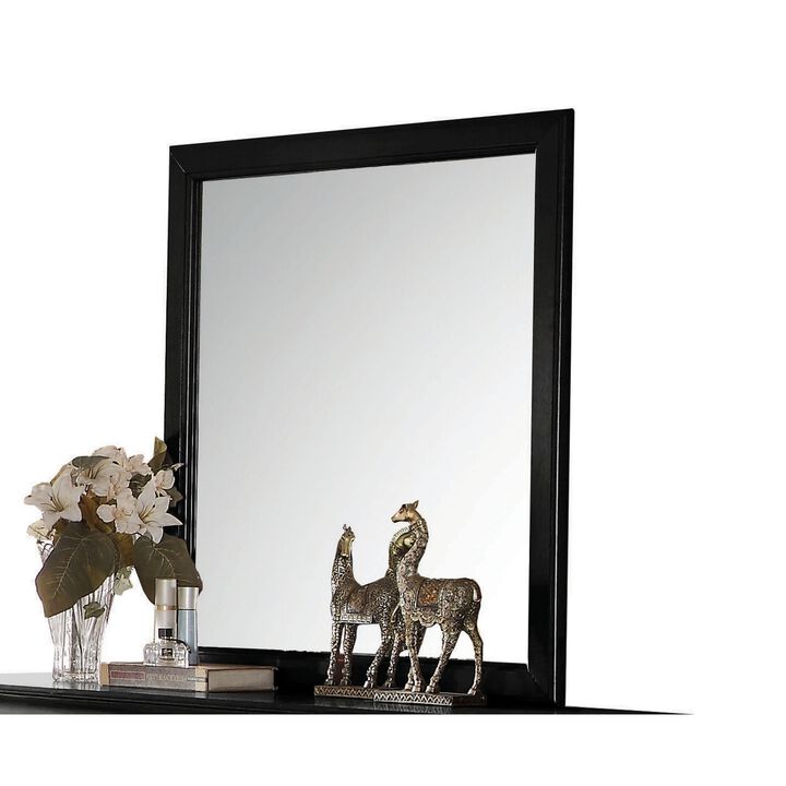 Transitional Style Mirror with Raised Wooden Frame, Black and Silver-Benzara