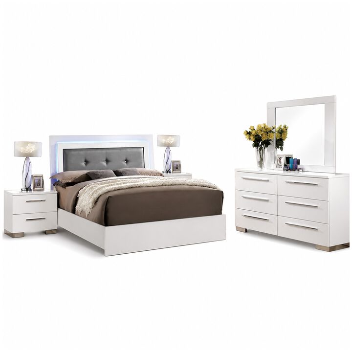 Gely 5pc Queen Bedroom Set, 2 Nightstands, Button Tufted, LED, Glossy White