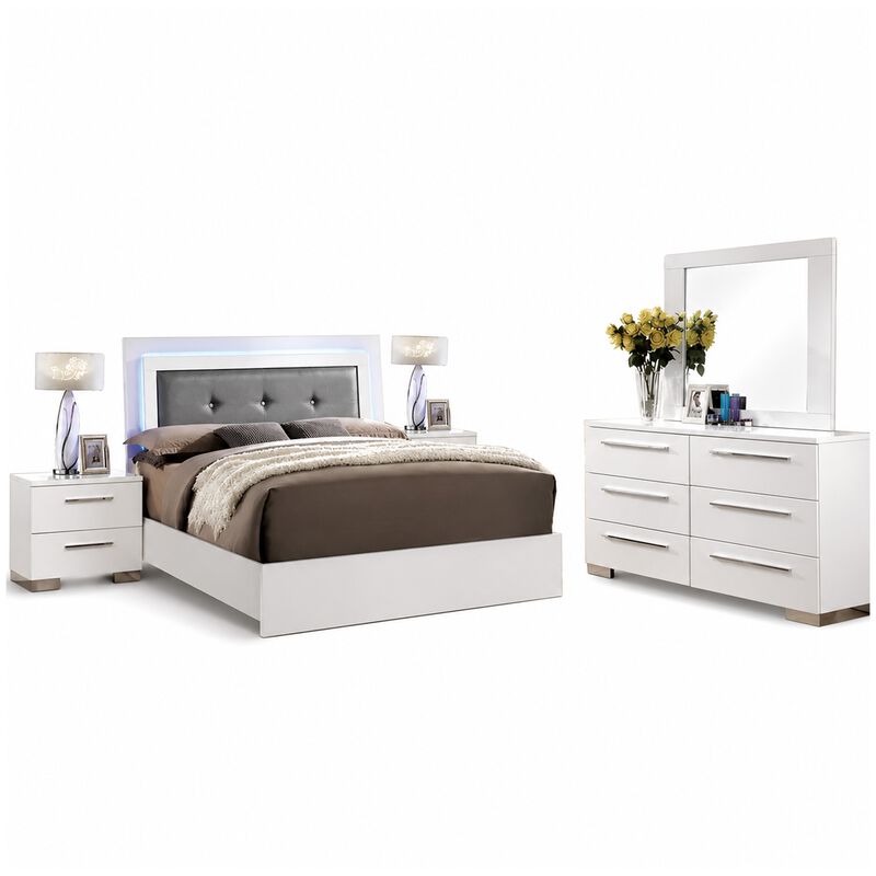 Gely 5pc Queen Bedroom Set, 2 Nightstands, Button Tufted, LED, Glossy White image number 0