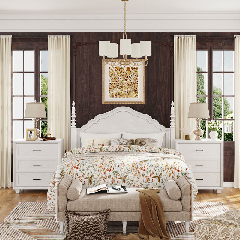 FUFU&GAGA Classic White Wood Grain Dresser Nightstand with 3-Tier Drawers, Black Pulls & Beveled Edge Design (34.4" Hx 31.4" W x 15.7" D)