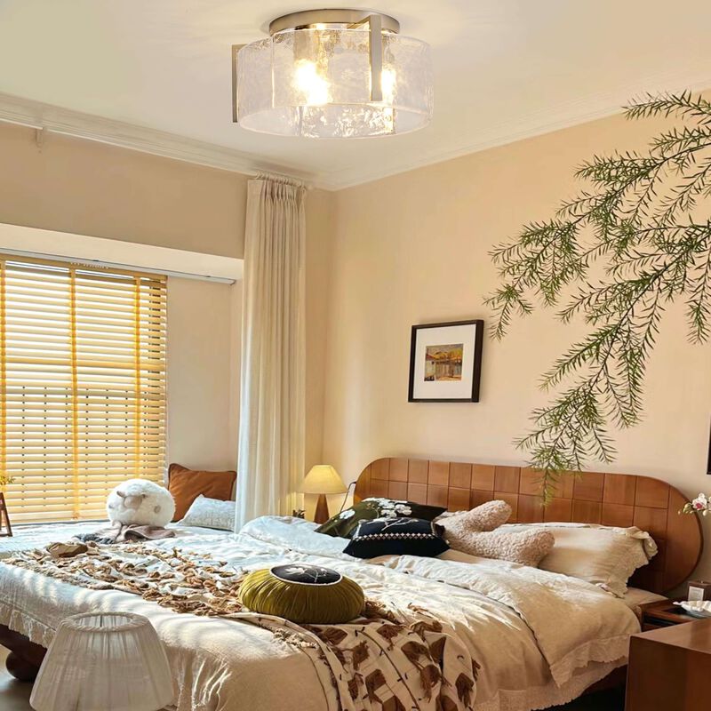 Aurore Round 3-Light Antique Nickel Textured Glass Panels Flush Mount image number 3