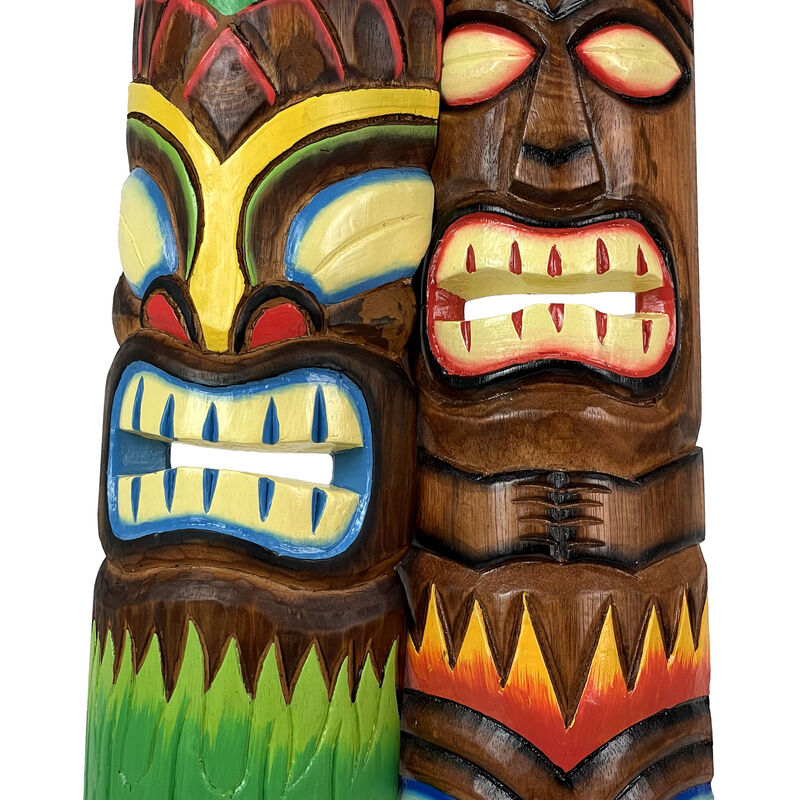 Fire and Earth Hand Crafted Wooden Tiki Totem Wall Masks 20 Inch Set of 2 image number 4