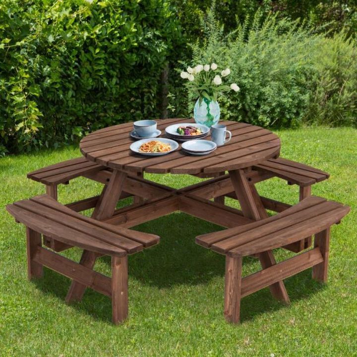 Hivvago 8-Set Outdoor Solid Wood Round Picnic Table with 4 Benches Patio Garden Dining Set