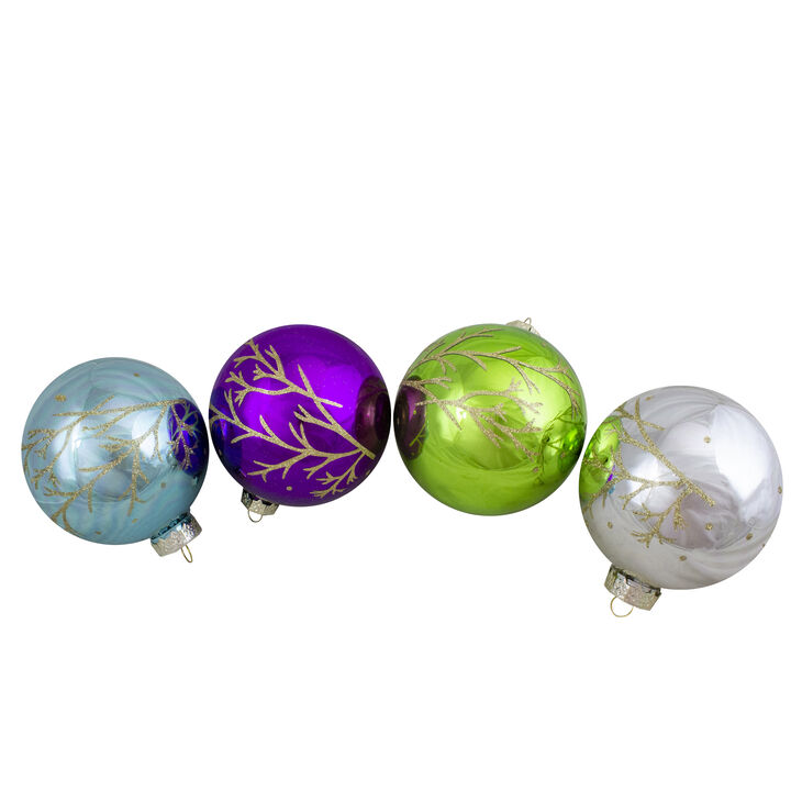 Set of 4 Multi-Color Shiny Glass Ball Christmas Ornaments 4-Inch (100mm)