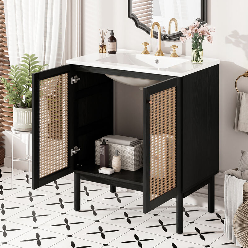 ELEMENT ACE Space-Saving Natural Bamboo Vanity with Handwoven Rattan Doors image number 4