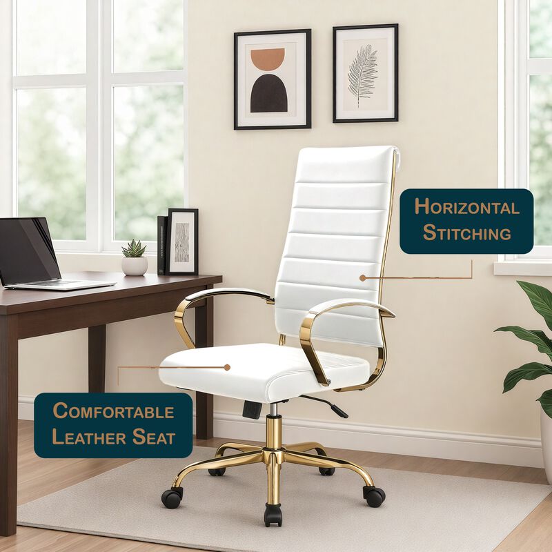 LeisureMod Benmar High-Back Leather Office Chair with Swivel, Tilt, Adjustable Height, Ergonomic Design for Home Office, Study, or Workspace