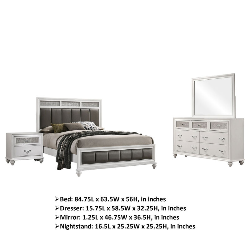 Dini 4pc Queen Bedroom Set, Gray Faux Leather Grid Upholstery, White