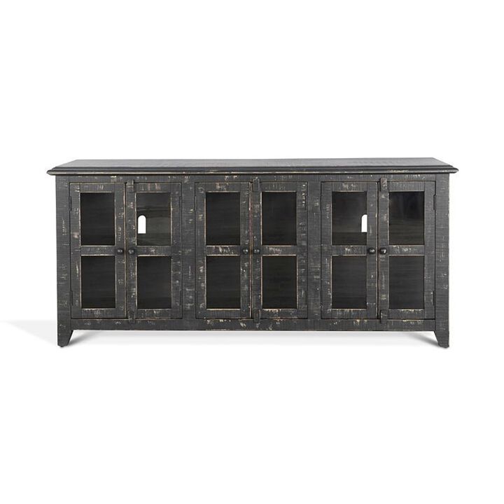 Rena TV Media Entertainment Console with Shelves, 70 Inch Rustic Black - Benzara