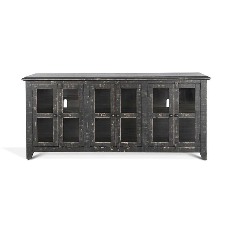 Rena TV Media Entertainment Console with Shelves, 70 Inch Rustic Black - Benzara