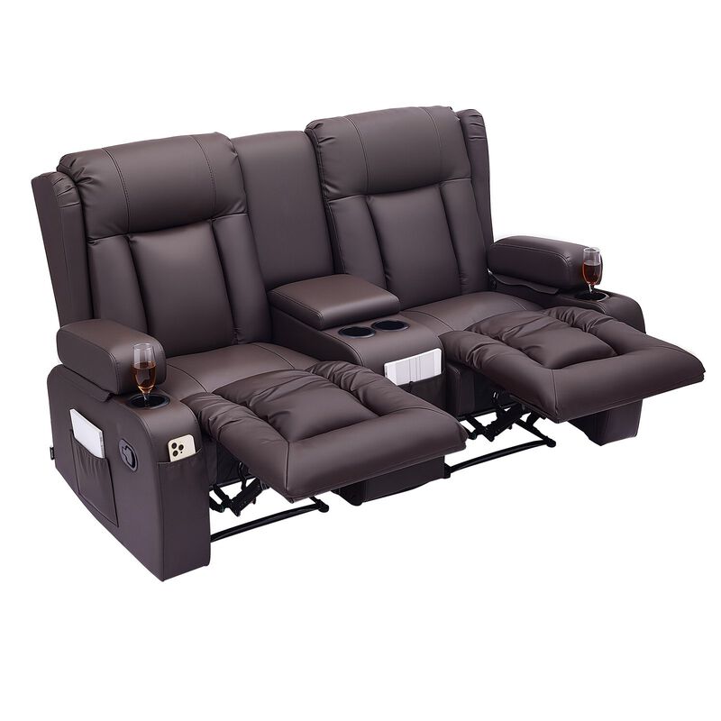 Loveseat Recliner Sofa, Manual PU Leather Couch with Console, USB & Cup Holders image number 7