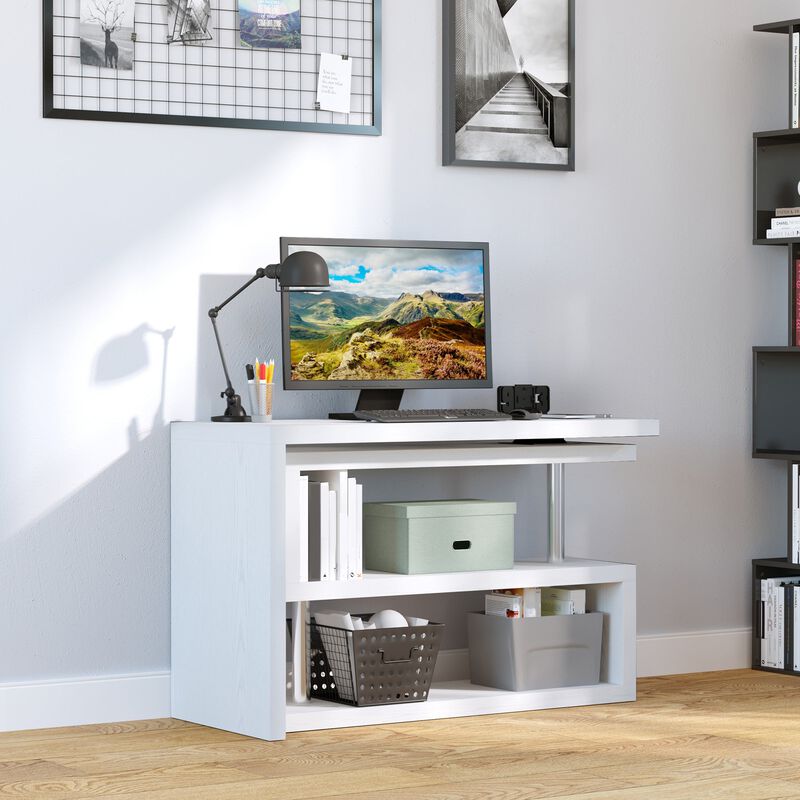 L-Shaped Desk, Versatile Office Desk, Corner Desk with 360Â° Rotating Design and S-Shaped Storage Shelf, L-Shaped Computer Desk, White
