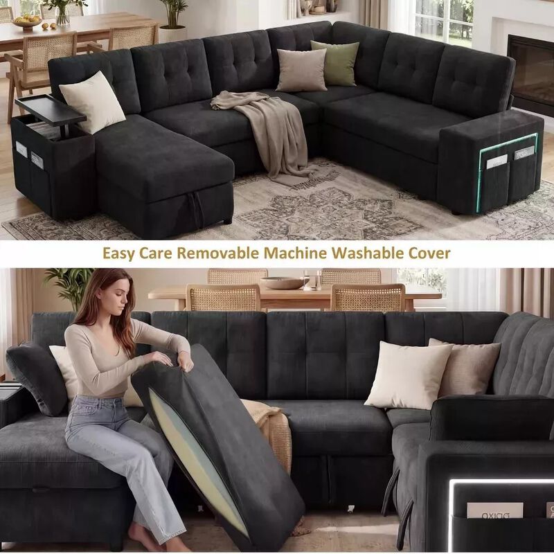 Vipbear 112" U-Shaped 7-Seat Modular Chenille Sectional Sleeper Sofa, Pull Out Bed Reclining Couch image number 6