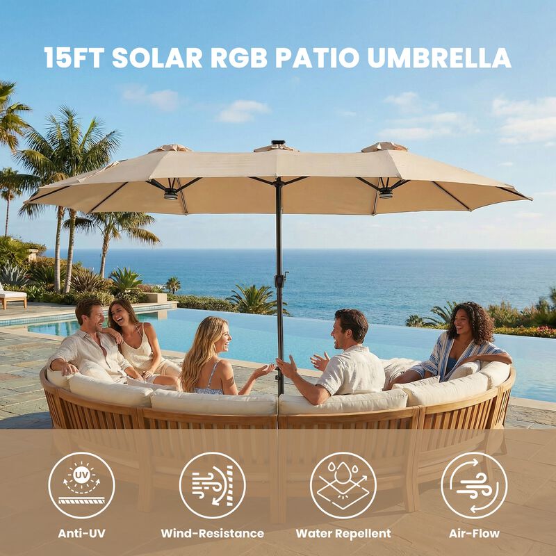 15FT Double-Sided Heavy Duty Solar RGB LED Patio Umbrella with Base, Dual Charging, Crank Handle image number 7