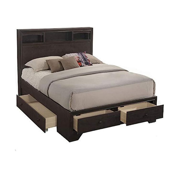 Queen Size Bed with 4 Storage Drawers, Bookcase Headboard, Walnut Brown-Benzara