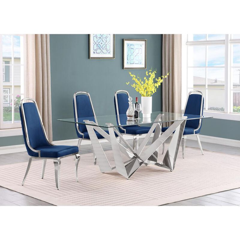 5pc Small(78") glass dining set with silver base and 6 Navy blue side chairs