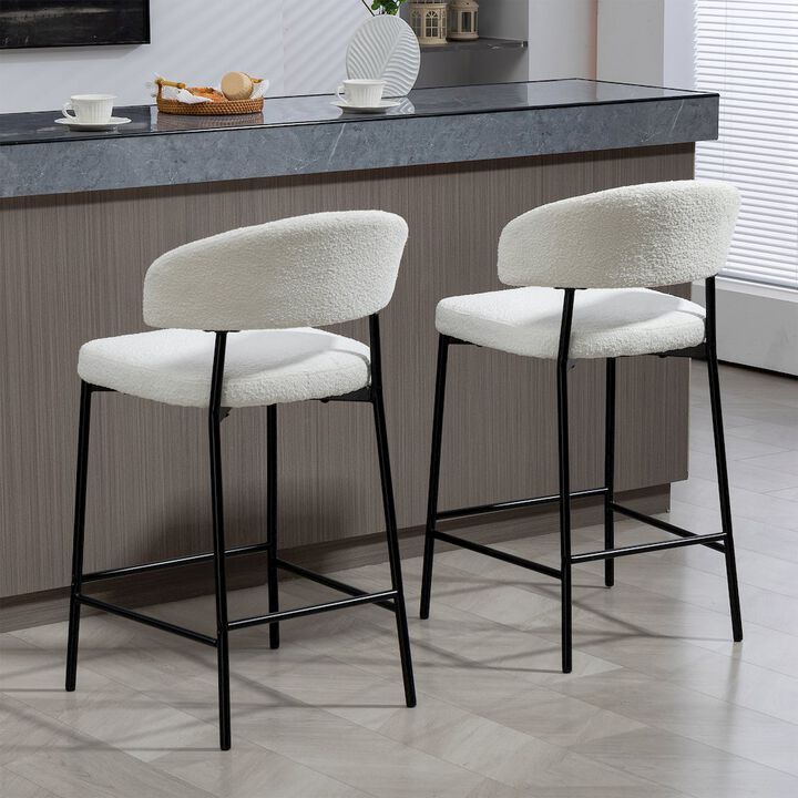 Glamour Home Set of 2 Bennett White Boucle Upholstered Fabric Counter Stool Black Iron Legs