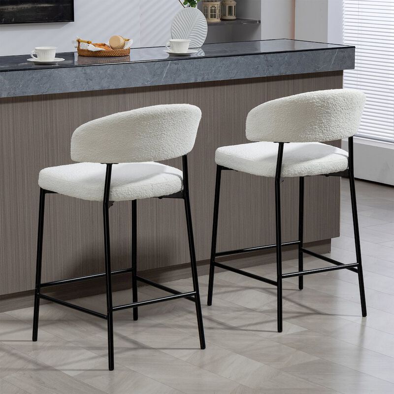 Glamour Home Set of 2 Bennett White Boucle Upholstered Fabric Counter Stool Black Iron Legs