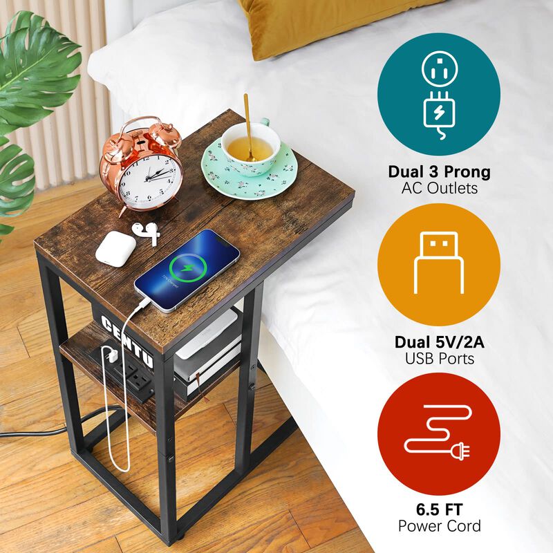 Yoobure C Shaped End Table with Charging Station for Living Room, Bedroom, Sofa Table with USB Ports and Outlets for Small Space