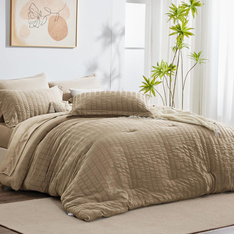 CozyLux Full Seersucker Comforter Set with Sheets Taupe Bed in a Bag 7-Pieces All Season Bedding Sets with Comforter, Pillow Sha