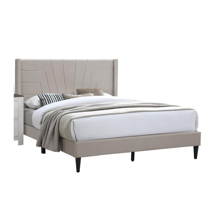 Kopa Queen Size Bed with Tufted Headboard, Brown Burlap Upholstery, Wood - Benzara